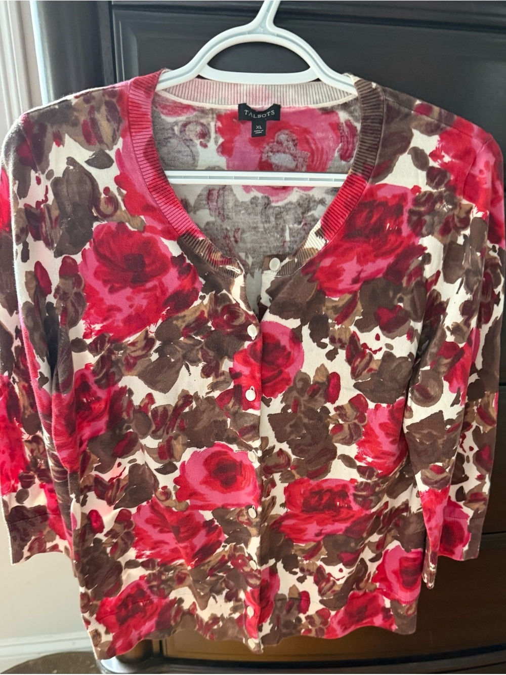 Talbots Cream Button-Front Top with Pink and Brown Floral Print